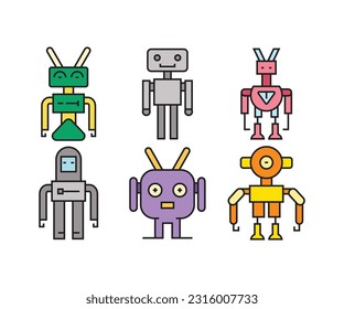 cartoon robot character icons set