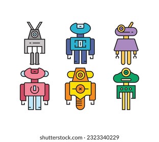 cartoon robot character icons set