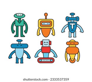 cartoon robot character icons set