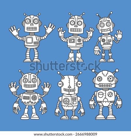 Cartoon Robot Character Set, Hand Drawn Vector Illustration
