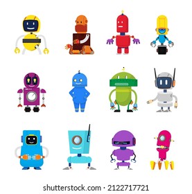 Cartoon robot characters. Energy robots, science robotics for kids. Isolated children toys, cute vintage android elements. Friendly alien, decent vector set
