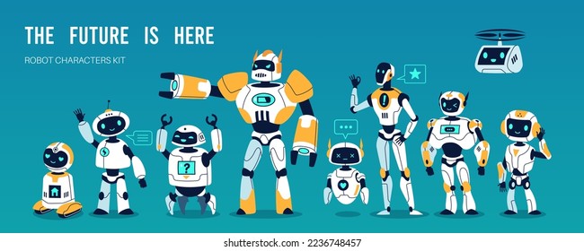 Cartoon robot characters. Funny futuristic toys, different type cyborgs, humanoid mechanical bots, cute childish androids, robotic mechanism, Artificial Intelligence tidy vector cartoon set