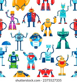 Robot de dibujos animados personajes patrón sin fisuras de androides de juguete, fondo vectorial. Niños robots graciosos, droides robóticos y máquinas de transformadores, un lindo robot espacial y monstruos ciborg alienígenas en el fondo de patrones