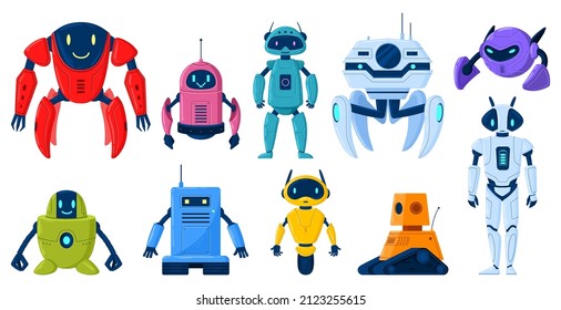 Cartoon robot characters, technology cyborg mascots or mechanical toys. Artificial intelligence, scientific technology machines vector illustration set. Digital cyborgs assistants, automated service