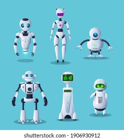 Cartoon robot characters with vector ai machines or artificial intelligence toys. Future technology white robots, cyborgs or humanoid droids with buttons, dialogue screen, eye lights