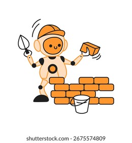 Robot de dibujos animados construyendo alegremente una pared con una paleta y ladrillos. Ilustrado en naranja brillante y negro sobre un fondo blanco. Representa la construcción y la tecnología.