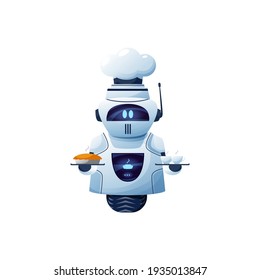 Cartoon robot chef, vector cyborg character in toque hold tray with bakery and cup of drink. Artificial intelligence technology, friendly bot on wheel with digital glow face and food symbol on display