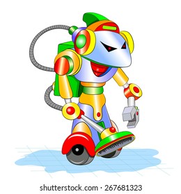 Cartoon robot cleaner with vacuum cleaner.