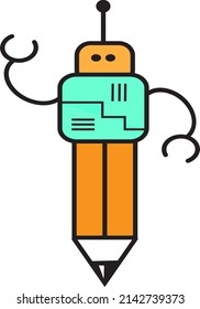 Cartoon robot cute character pencil graphic vector illustration on white background