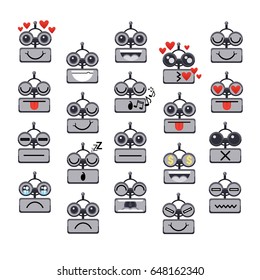 Cartoon Robot with Cute Smiling Face Emotion. Negative And Positive Chat Bot Icon Set,  Flat Vector Illustration