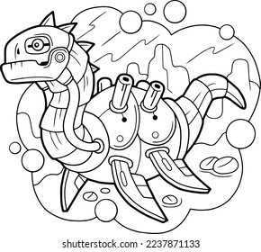 cartoon robot dinosaur plesiosaur, coloring book, outline illustration