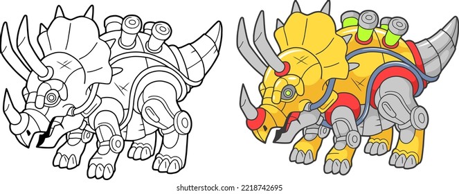 cartoon robot dinosaur triceratops, coloring book, funny illustration