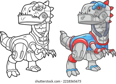 cartoon robot dinosaur tyrannosaurus, coloring book, funny illustration