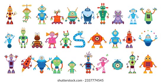 Robots robots de dibujos animados personajes droid, ciborgs androides y transformadores robóticos, juguetes vectoriales. Robots retro divertidos y droides mecánicos y bots electrónicos con rostros lindos en ruedas con rostros de pantalla