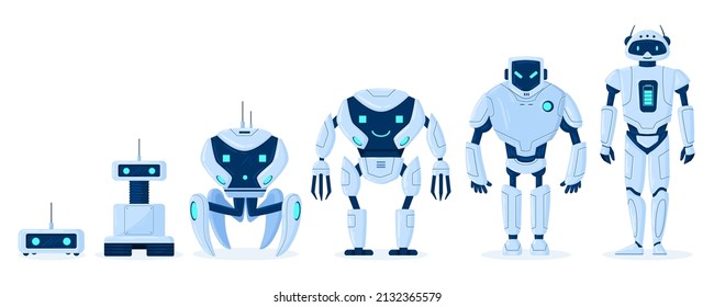 Cartoon robot evolution, digital bot characters development. Robots engineering progress from primitive droid to ai cyborg vector illustration set. Robotics technologies, futuristic machine progress