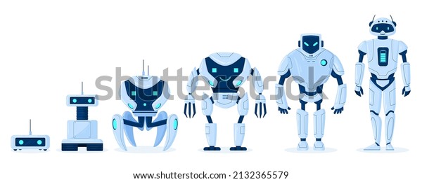 Cartoon robot evolution, digital bot characters
development. Robots engineering progress from primitive droid to ai
cyborg vector illustration set. Robotics technologies, futuristic
machine progress