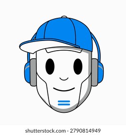 Cartoon robot face with headphones and cap, smiling expression
