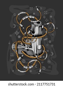 cartoon robot firearm t-shirt design illustration