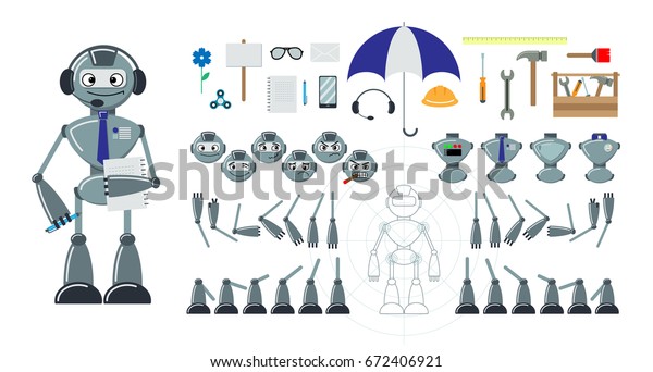 Cartoonロボットのフラットコンストラクタ 顔文字 体 脚 手を持つ頭のセット ツール 傘 電話 スピナー 花 封筒 ペン ノート 看板などの追加エレメント ベクターイラスト のベクター画像素材 ロイヤリティフリー