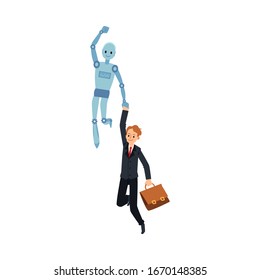 Cartoon robot flying and carrying businessman by hand - future business cooperation between cyborg and human partners, isolated flat vector illustration.