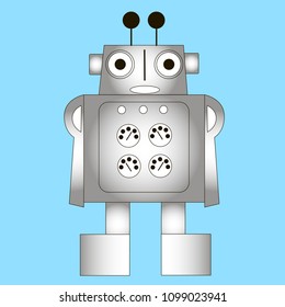 Cartoon robot in the form of a human isolated blue background.