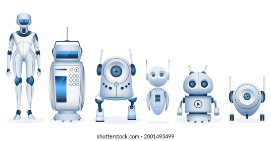 Cartoon robot. Futuristic droids and machine with artificial intelligence technology. Realistic kids toy robots and androids vector set. Illustration of futuristic robots, cartoon android mechanical