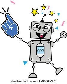 Cartoon Robot holding Foam Glove Character Design Illustration