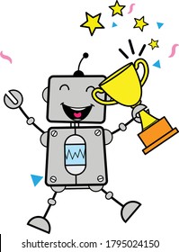 Cartoon Robot holding Trophy Character Design Illustration