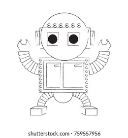 cartoon robot icon over white background black and white design vector illustration