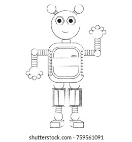 cartoon robot icon over white background black and white design vector illustration