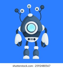 Cartoon robot illustration featuring multiple antennae with eyes, a circular face screen, claw hands, and a sleek blue and white design on a blue background. Futuristic Robot