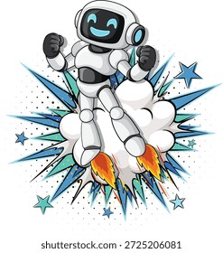 Robô de desenhos animados com jato explode, cercado por explosão em estilo cômico e estrelas vibrantes