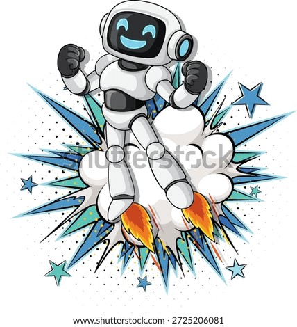 Cartoon robot with jetpack blasts off, surrounded by comic-style explosion and vibrant stars