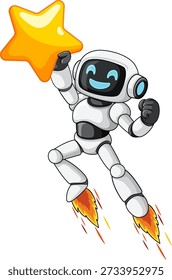 Cartoon robot with jetpack flames holds bright star, cheerful expression, white background, vector style