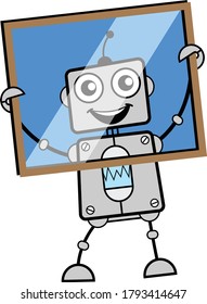 Cartoon Robot looking from glass frame Character Design Illustration