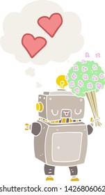 cartoon robot in love with thought bubble in retro style