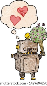 robot de dibujos animados enamorado de la burbuja del pensamiento en forma de textura gruesa