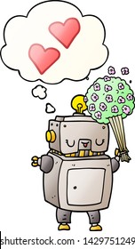 robot de dibujos animados enamorado de la burbuja del pensamiento en un estilo de gradiente suave