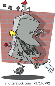 cartoon robot made of gears, wheels, lightbulbs etc.