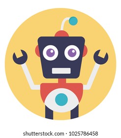 Cartoon robot making shrug expression. Cartoon robot. Flat icon 