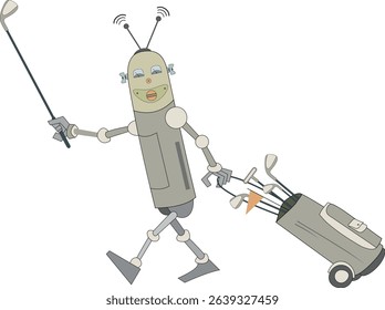 Cartoon robot plays golf. Robot with golf club and golf bag goes to the golf course	