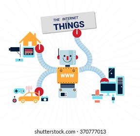 cartoon robot represent technology of Smart appliances in network. Concept for Internet of Things showing many different connection between device