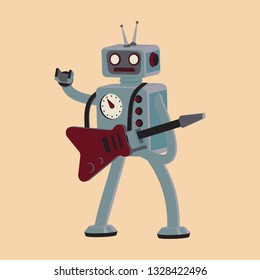 Cartoon robot rocker playing guitar. T-shirt graphic. Vector