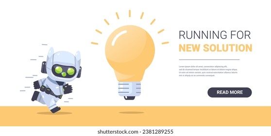 Un robot de dibujos animados corre hacia una bombilla. Luchando por un concepto de nuevas ideas.