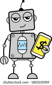 Cartoon Robot Showing Money in Cell Phone
