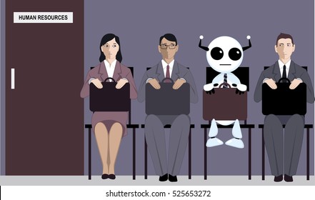 Cartoon robot sitting in line with applicants for a job in front of a human resources office, EPS 8 vector illustration