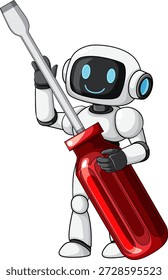 Robot de la historieta con la cara sonriente que sostiene el destornillador de gran tamaño, fondo blanco, estilo limpio del Arte vectorial