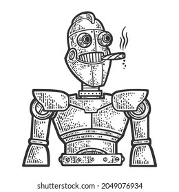 Cartoon robot smoking cigar sketch engraving vector illustration. T-shirt apparel print design. Scratch board imitation. Black and white hand drawn image.