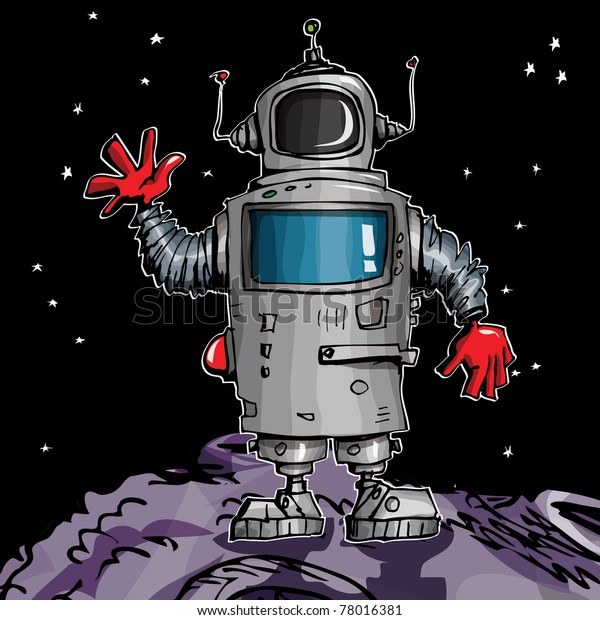 Cartoon robot\
in space. On a moon with stars\
behind