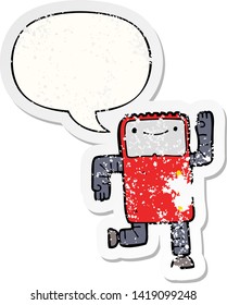 cartoon robot with speech bubble distressed distressed old sticker